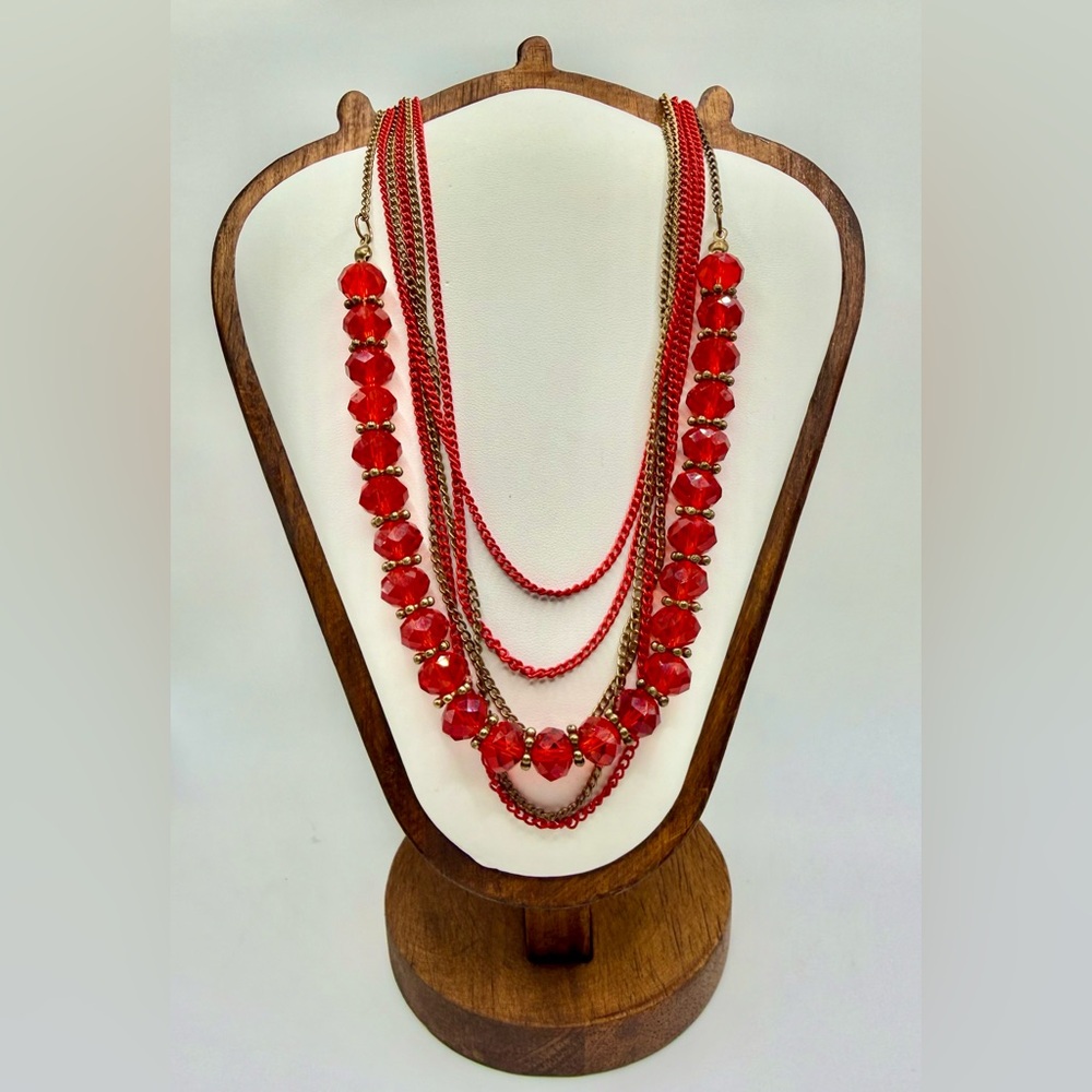 Red Layered Chain Necklace Faceted Glass Beads Multi Strand